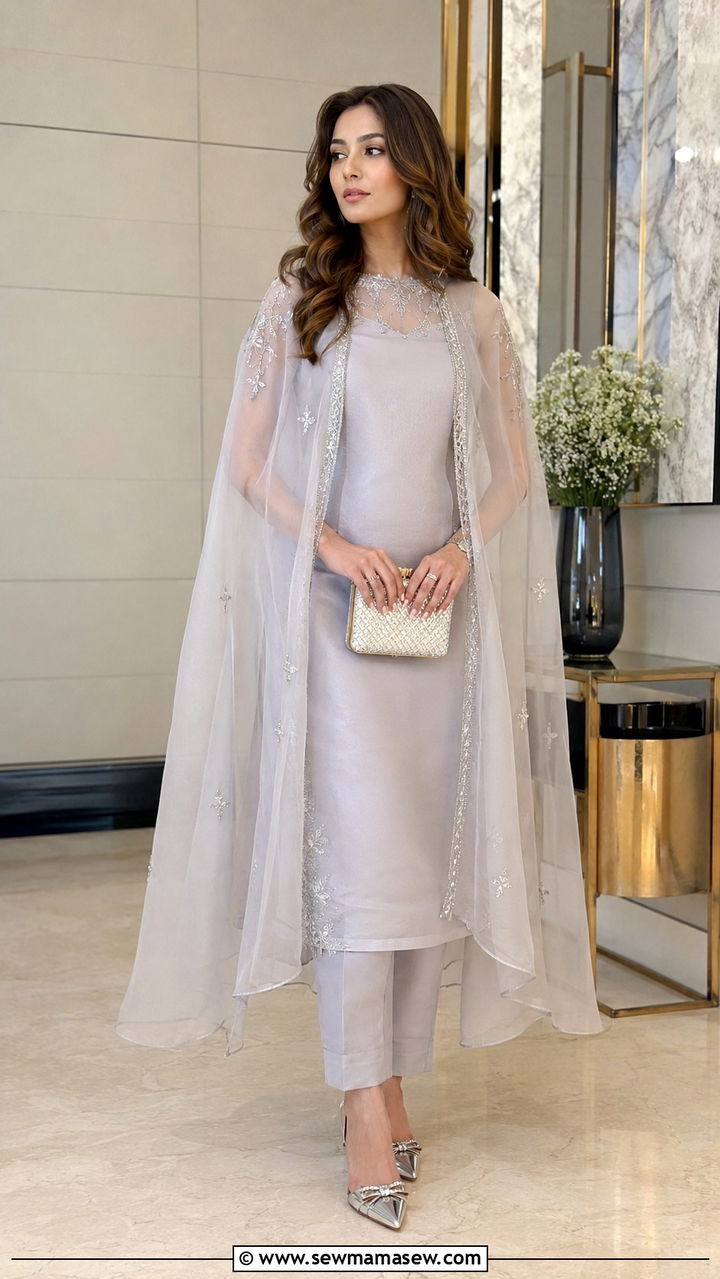 Cape Style Shirt with Straight Trousers - 30 Karachi outfit ideas