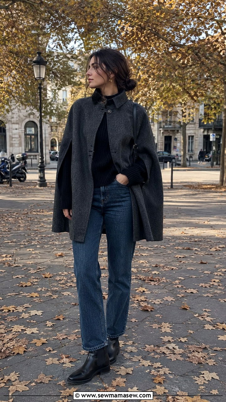 Cape Style Wool Coat With Straight Leg Jeans and Chelsea Boots - 30 casual poetcore outfits