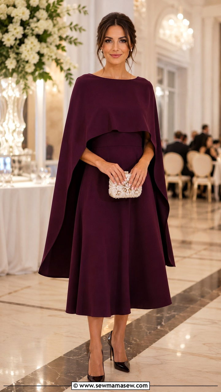 Cape Tea Length Dress With Embellished Clutch - 20 Wedding guest outfit ideas tea length dress
