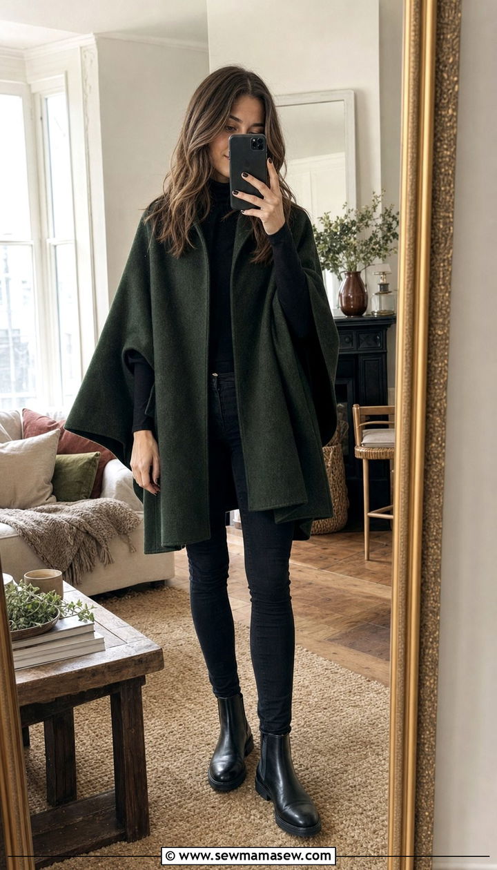 Cape With Black Turtleneck And Jeans - 35 Cape outfit ideas