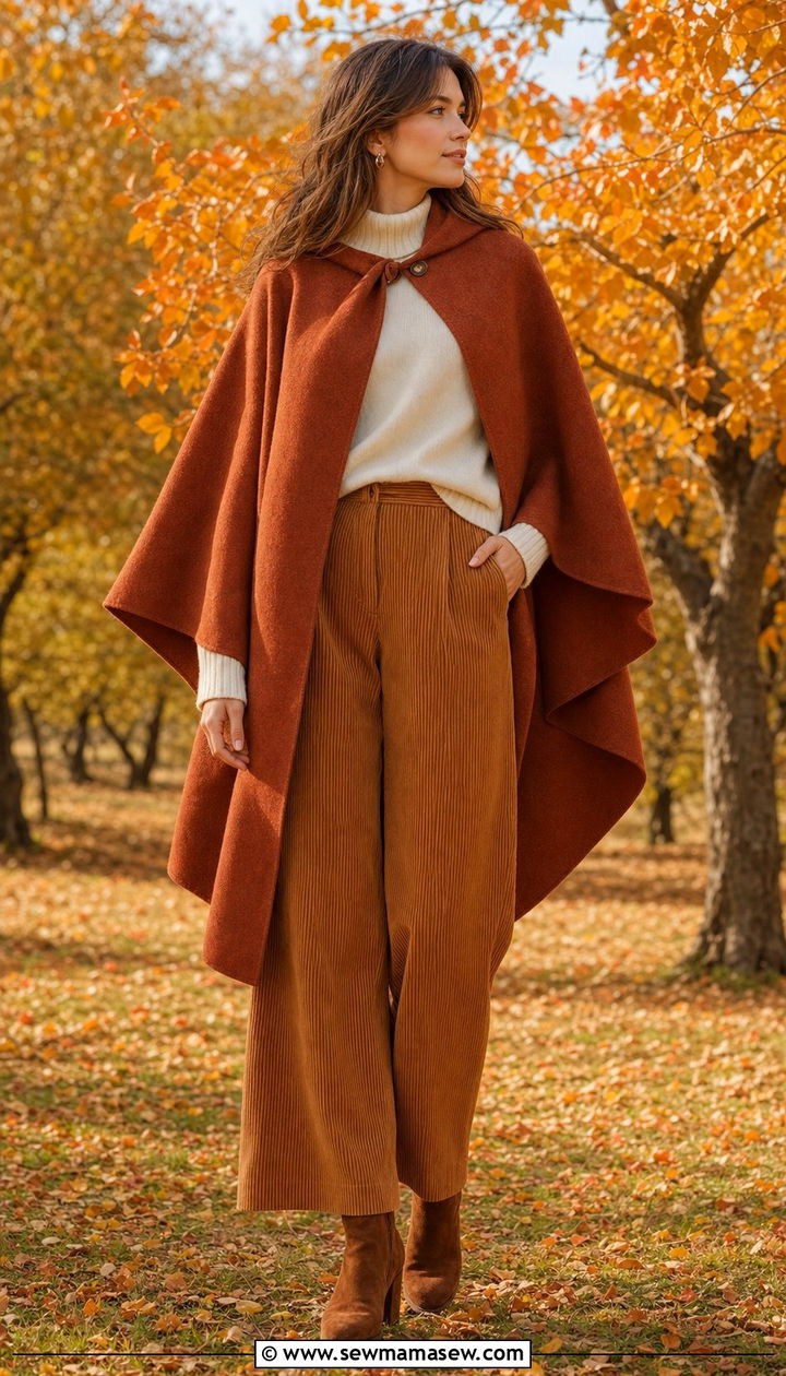 Cape With Cashmere Sweater And Corduroys - 35 Cape outfit ideas