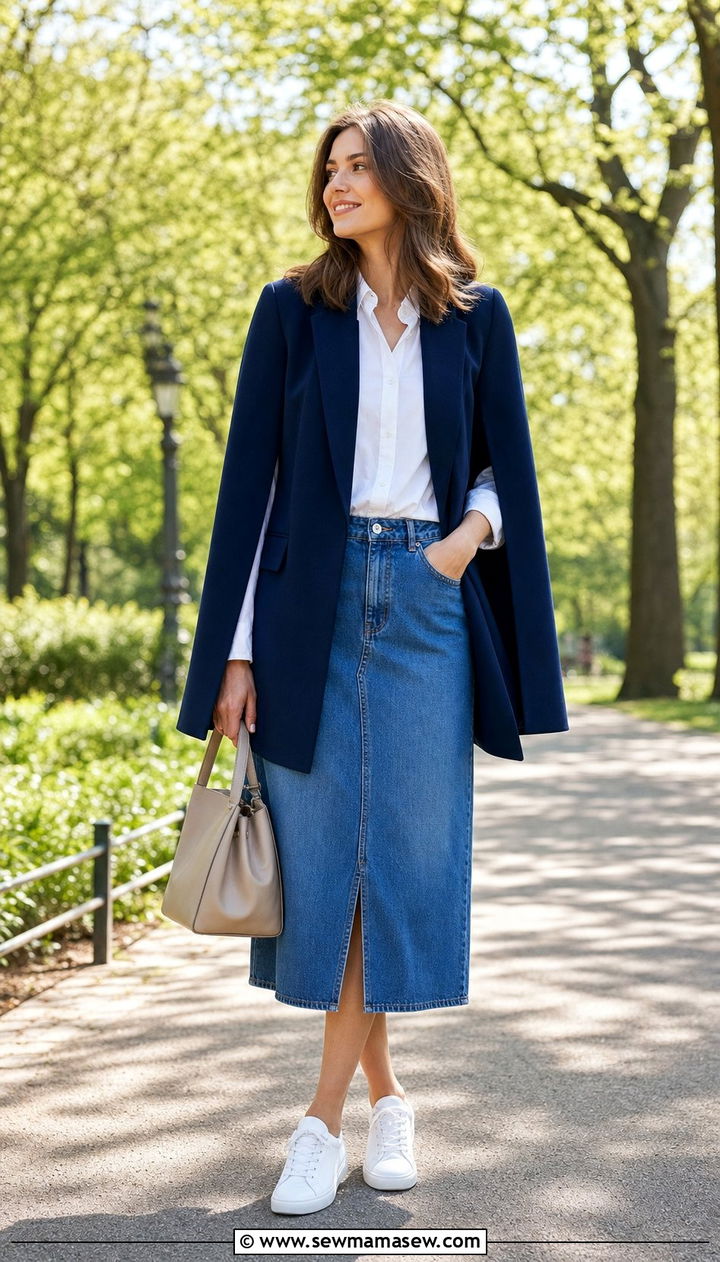 Cape With Denim Midi Skirt - 35 Cape outfit ideas