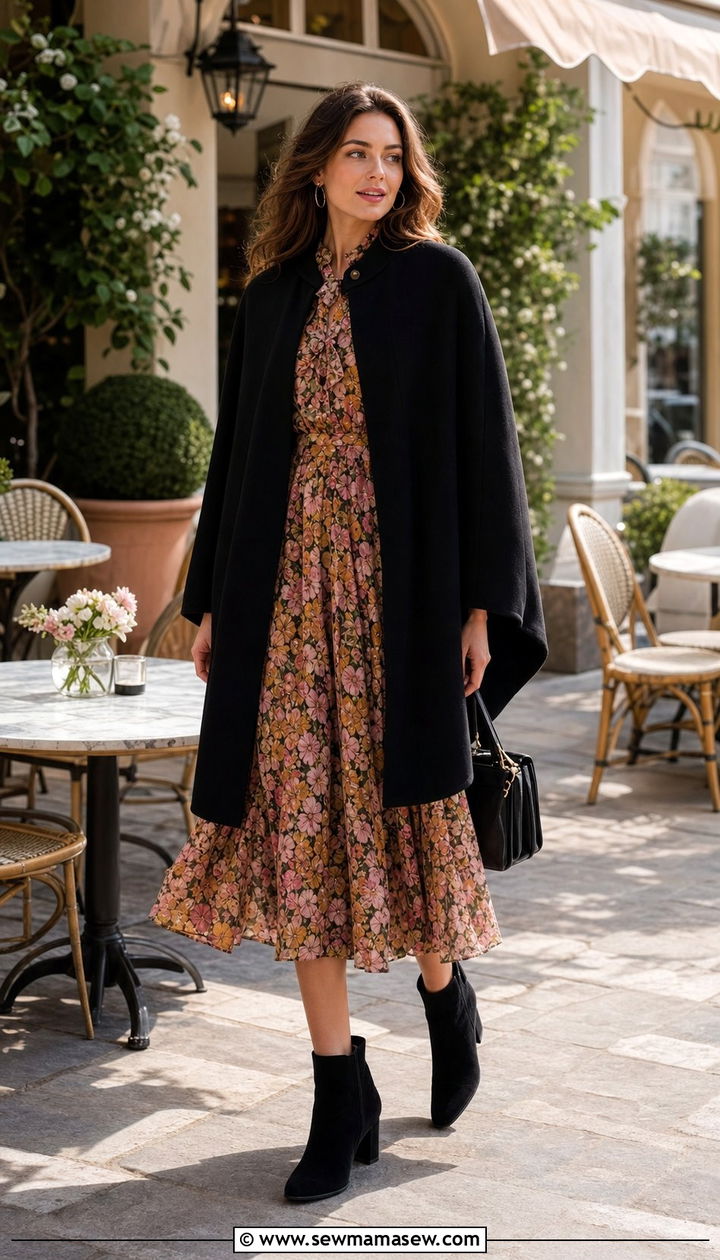Cape With Floral Print Dress - 35 Cape outfit ideas