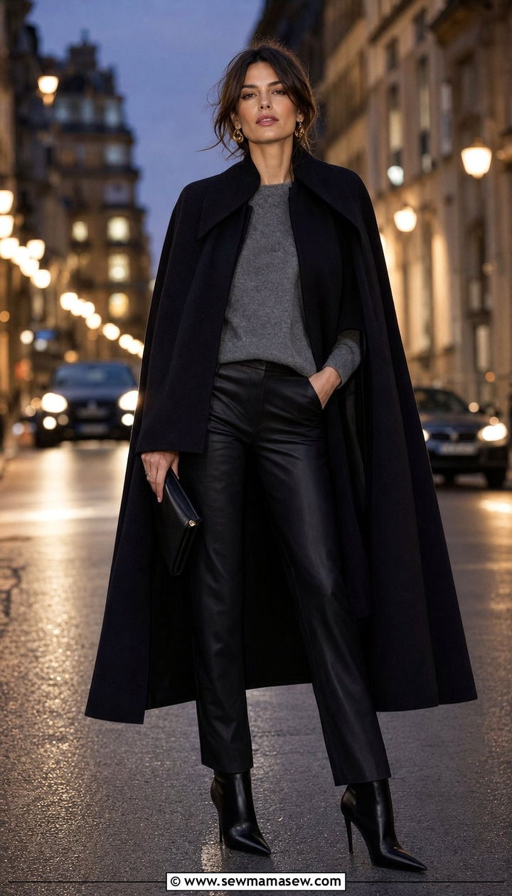 Cape With Leather Pants Outfit - 35 Cape outfit ideas