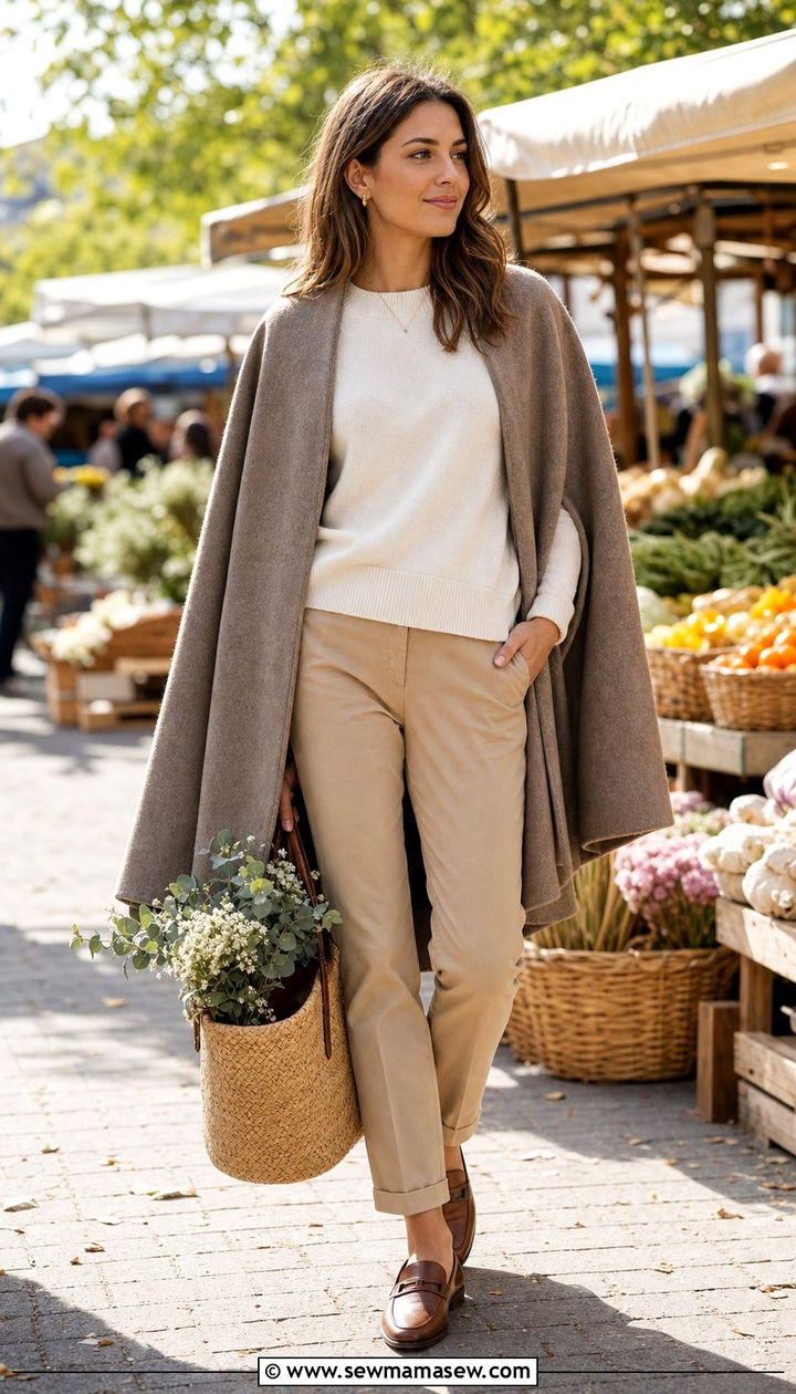 Cape With Neutral Tones And Loafers - 35 Cape outfit ideas
