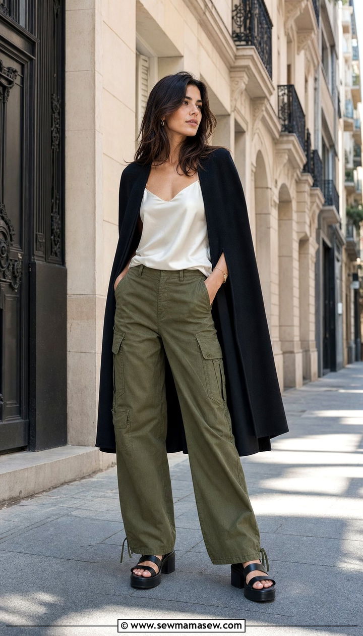 Cape With Satin Cami And Cargo Pants - 35 Cape outfit ideas