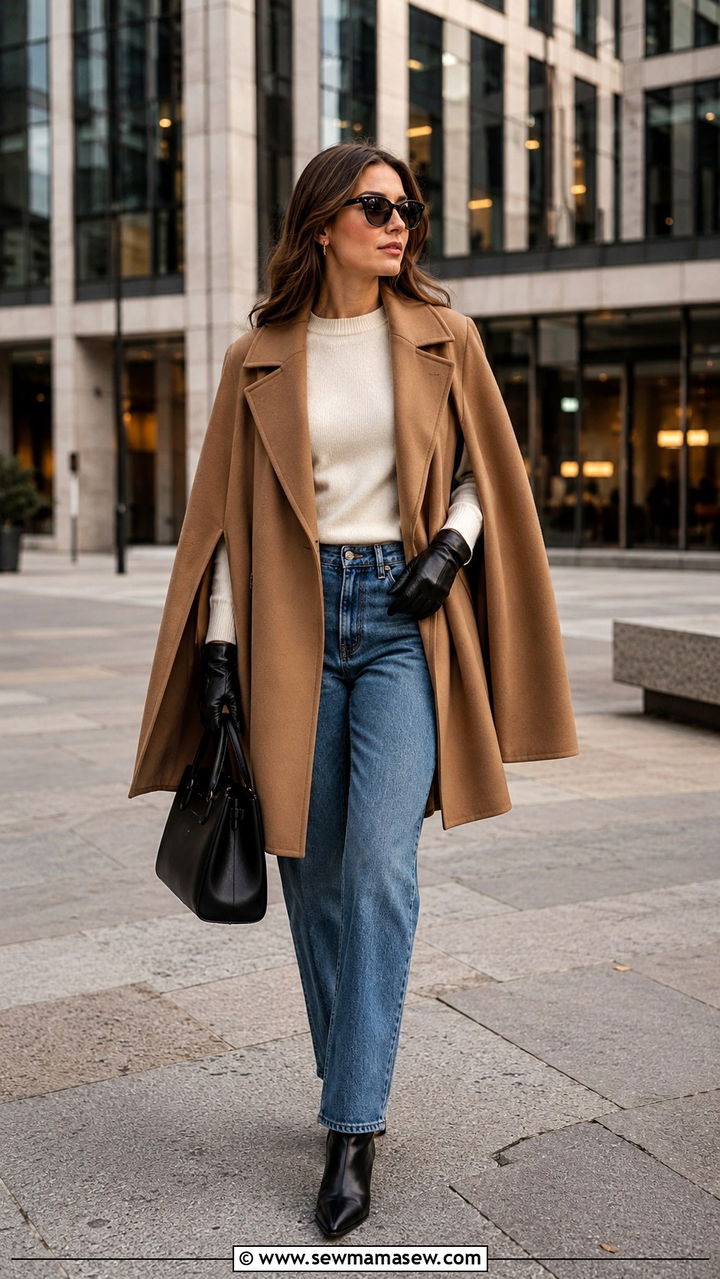 Cape coat with fitted knit and straight leg jeans - 25 Scandinavian cozy outfit ideas