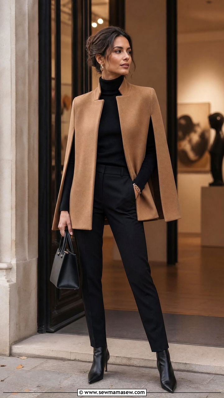 Cape jacket with slim trousers outfit - 30 jacket outfits 2026