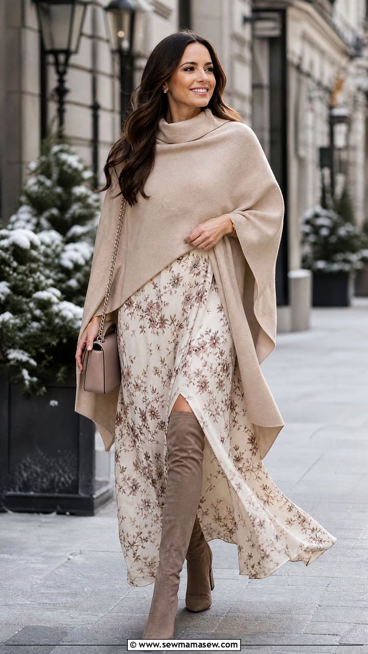 Cape or poncho with flowy maxi dress and over the knee boots - 30 Maxi dress outfit ideas with a jacket