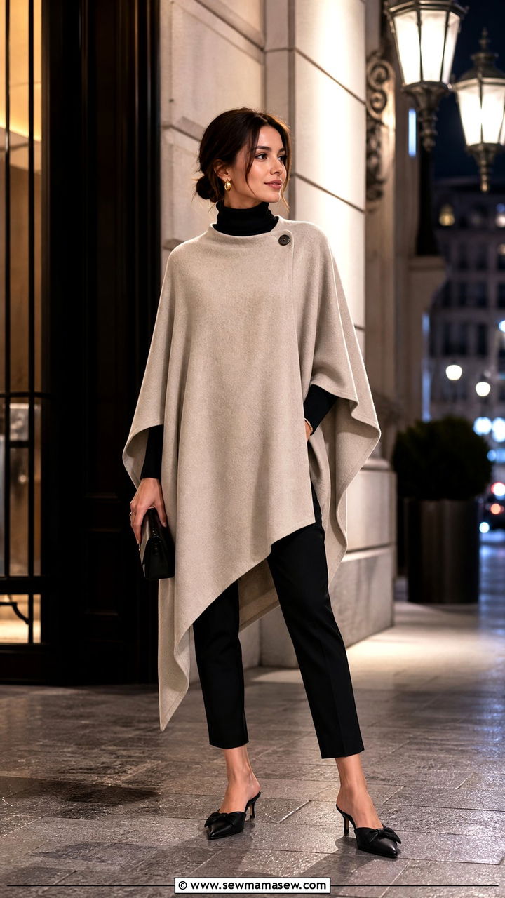 Cape poncho with slim trousers and kitten heels - 40 Poncho outfit ideas