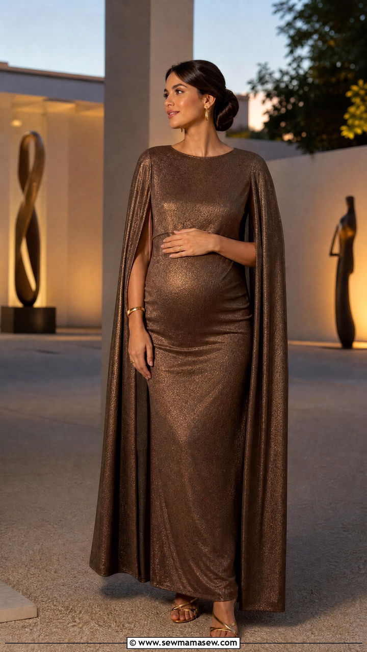 Cape sleeve column dress with metallic accents summer evening maternity photo - 25 Maternity photo outfit ideas summer