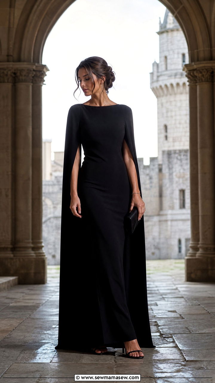 Cape sleeve gown with minimal jewelry - 25 Castle wedding guest outfit ideas