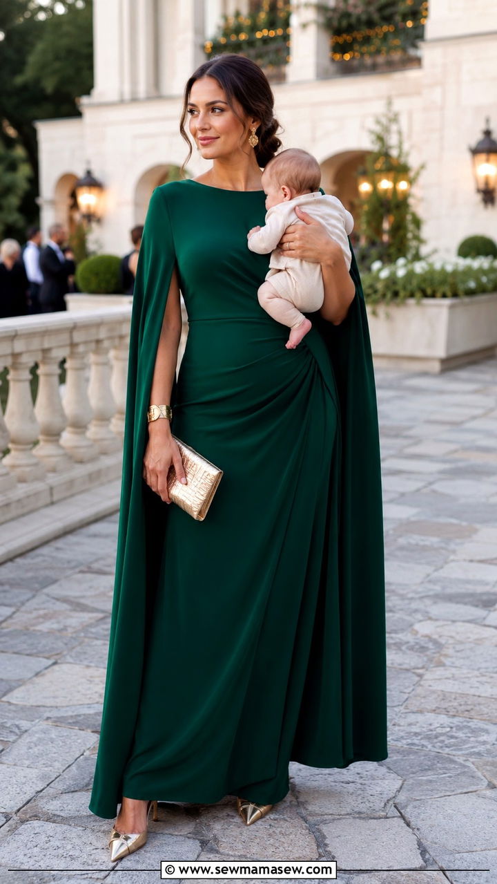 Cape sleeve maxi dress with metallic clutch - 25 wedding guest outfits for new moms