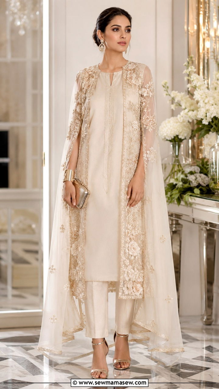 Cape style jacket over straight kurta and trousers - 30 Lahore outfit ideas