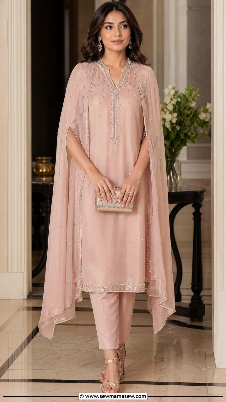 Cape style kurta set with straight trousers - 35 Eid outfit ideas modest