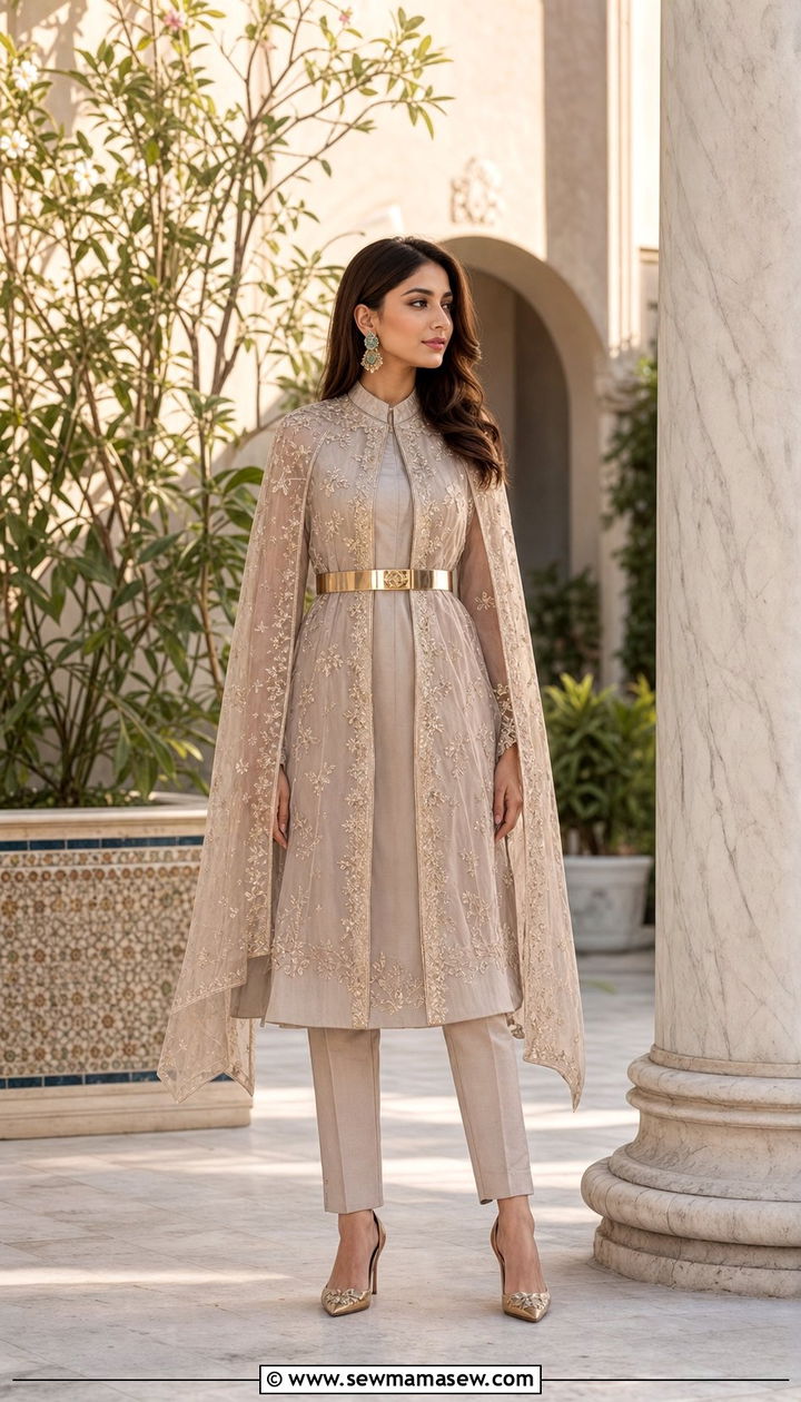 Cape style kurta with straight pants - 25 Eid al Adha outfit ideas 2026