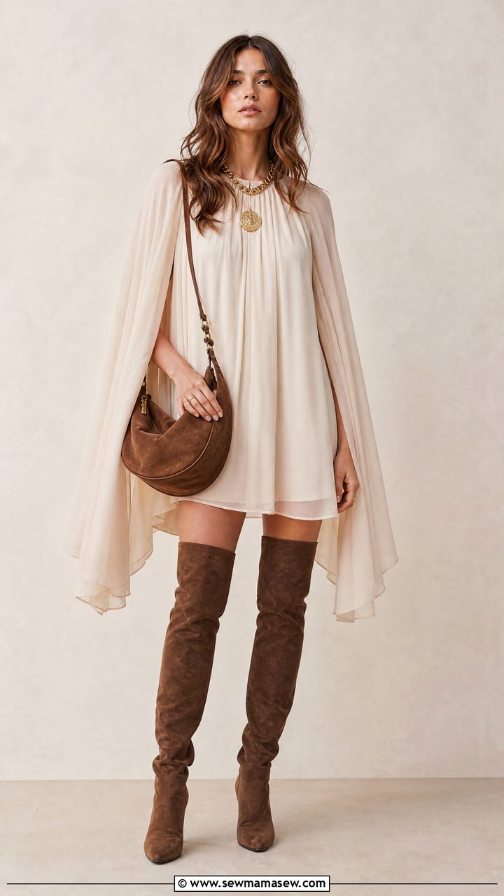 Caped Silk Mini Dress With Over the Knee Boots - 25 Chloé boho outfit ideas