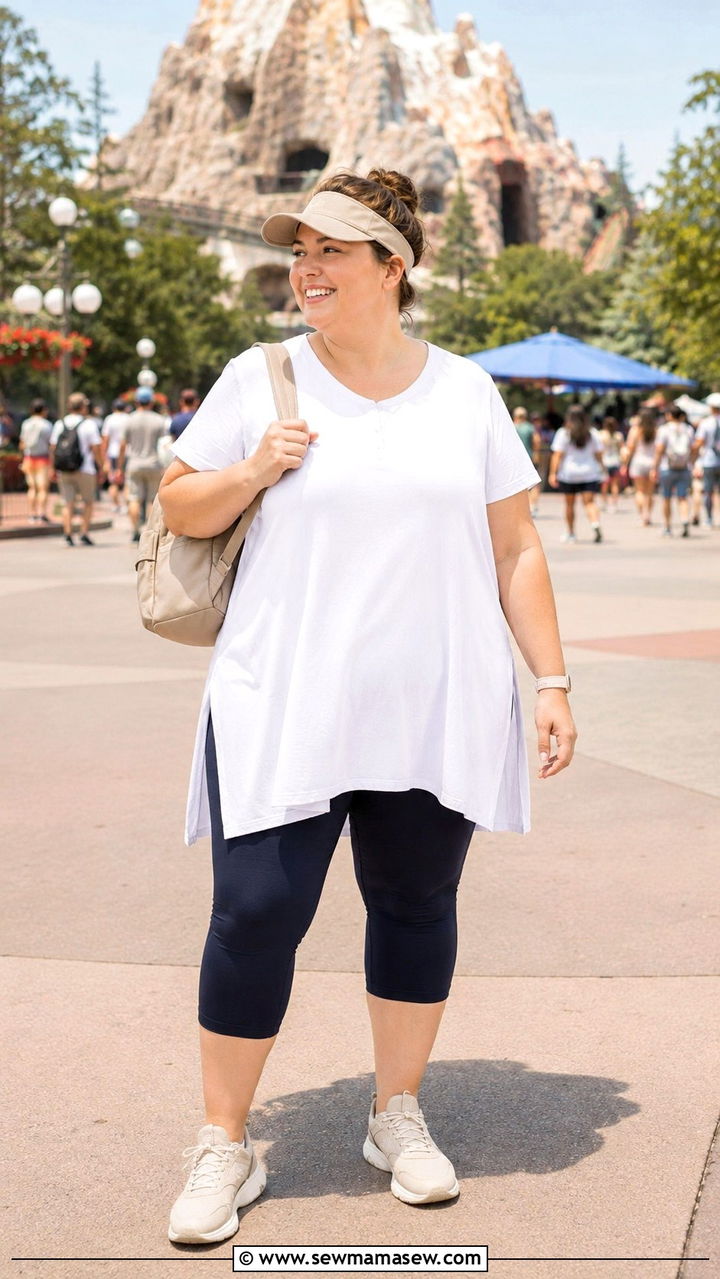 Capri Leggings Flowy Tunic and Sporty Sun Visor - 30 Plus size theme park outfit ideas