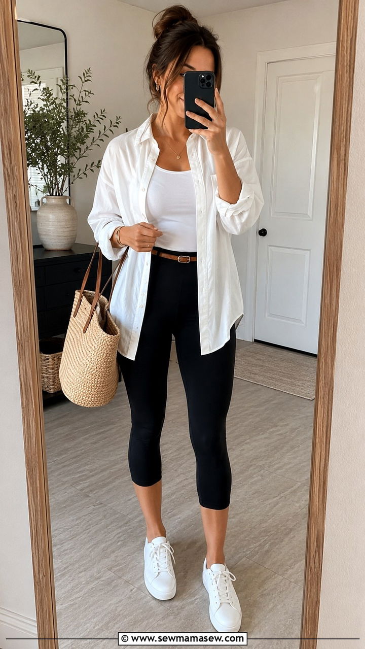 Capri Leggings With Oversized Button Down Shirt - 30 spring sporty chic outfit ideas