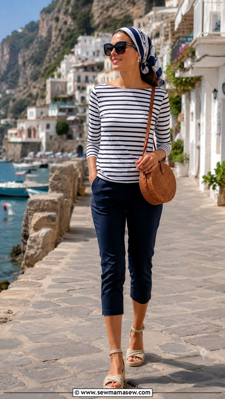 Capri Pants And Striped Boat Neck Top Outfit - 25 Mid century outfit ideas