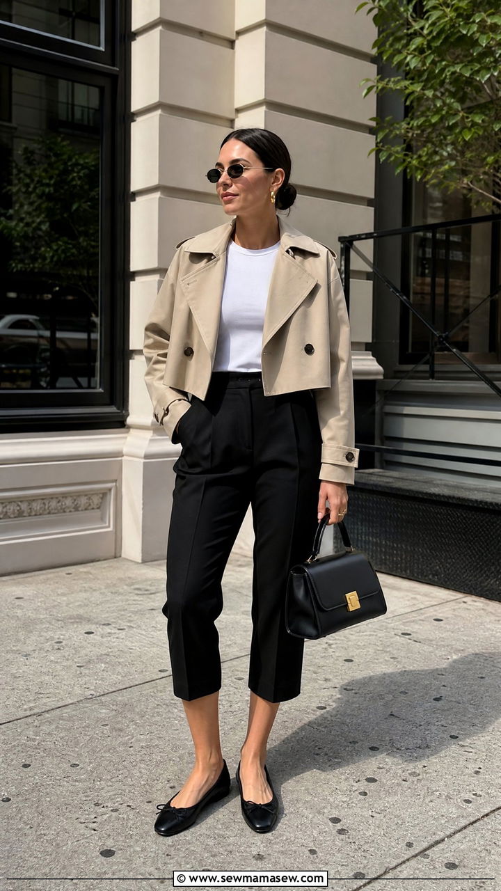 Capri Pants With Cropped Trench Coat And Ballet Flats - 25 Capri outfit ideas