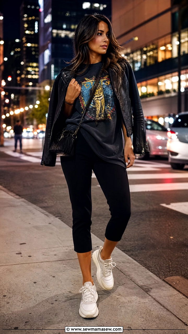 Capri Pants With Leather Jacket Graphic Tee And Chunky Sneakers - 25 Capri outfit ideas