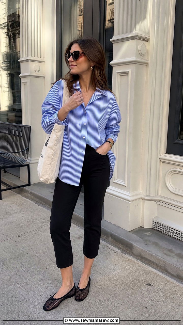 Capri Pants With Oversized Striped Shirt And Mesh Ballet Flats - 25 Capri outfit ideas