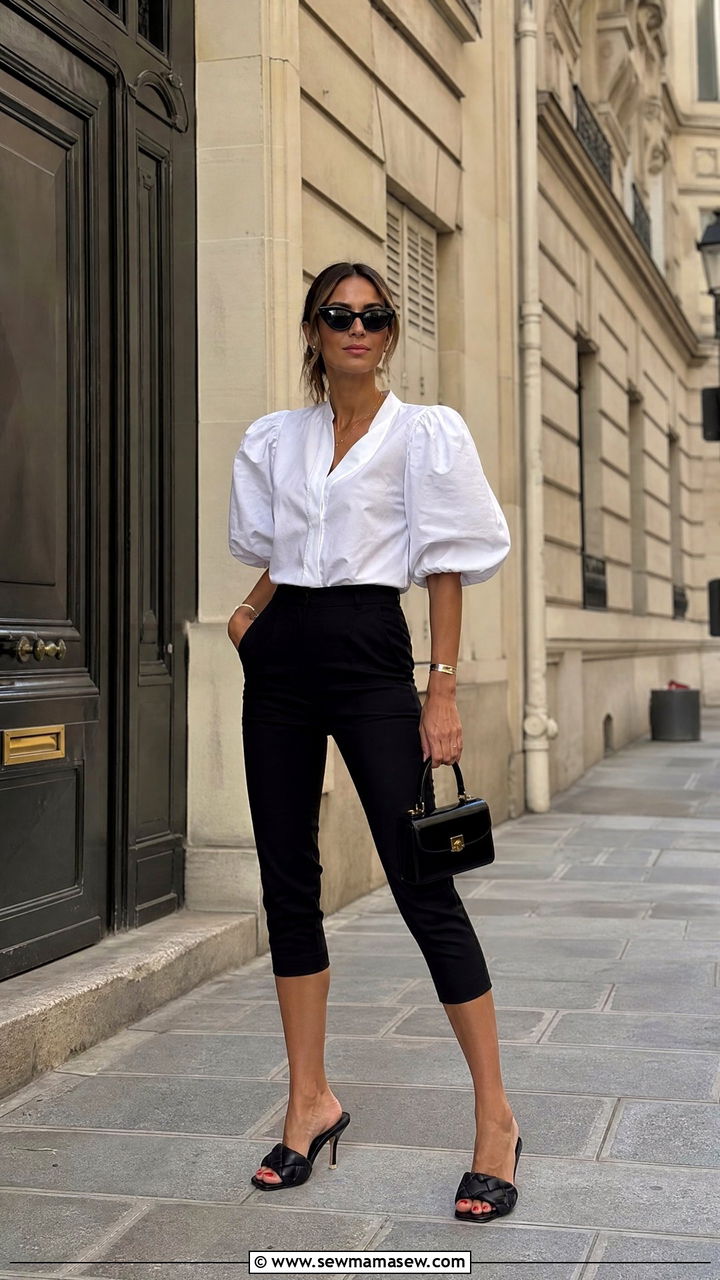 Capri Pants with Puff Sleeve Blouse and Heeled Mules - 35 French girl summer outfit ideas