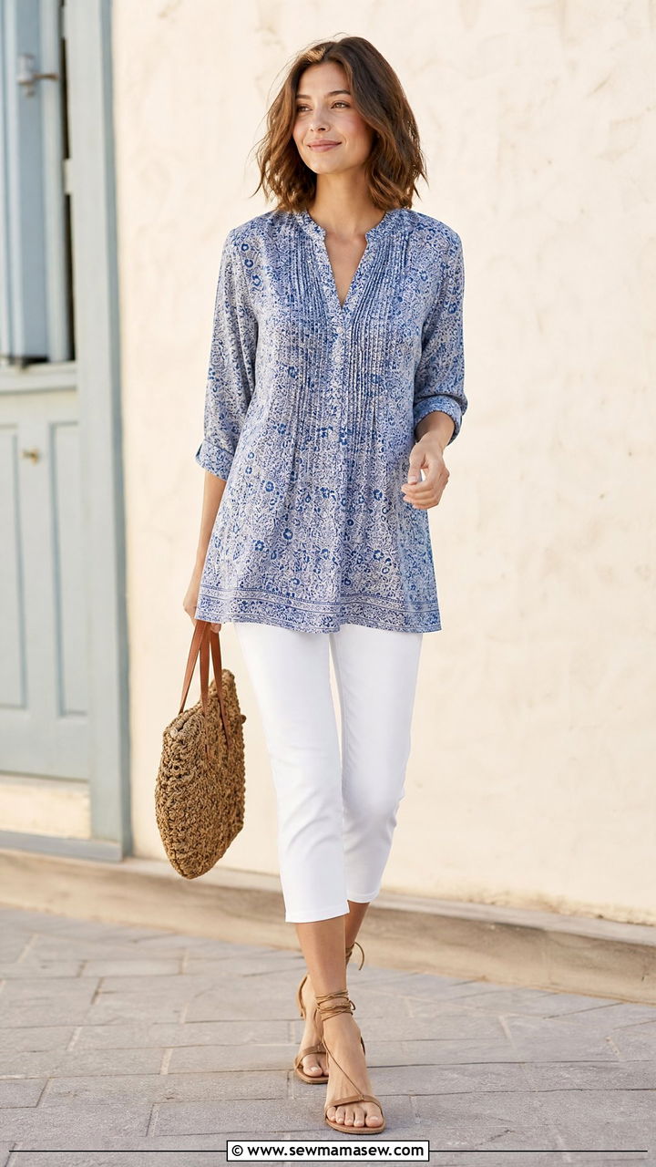 Capri pants with a tunic top and ankle wrap sandals - 25 Petite outfit ideas to avoid