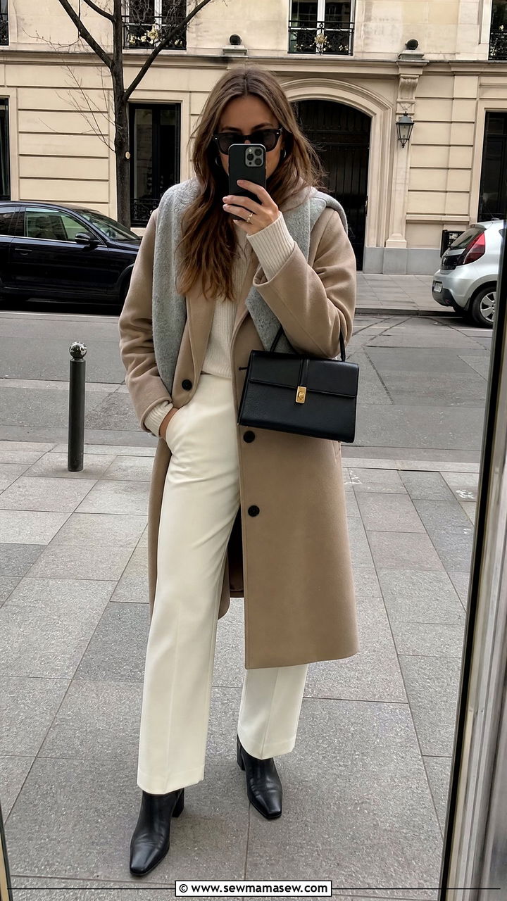 Car coat with white trousers and leather boots - 35 Kendall Jenner spring outfit ideas