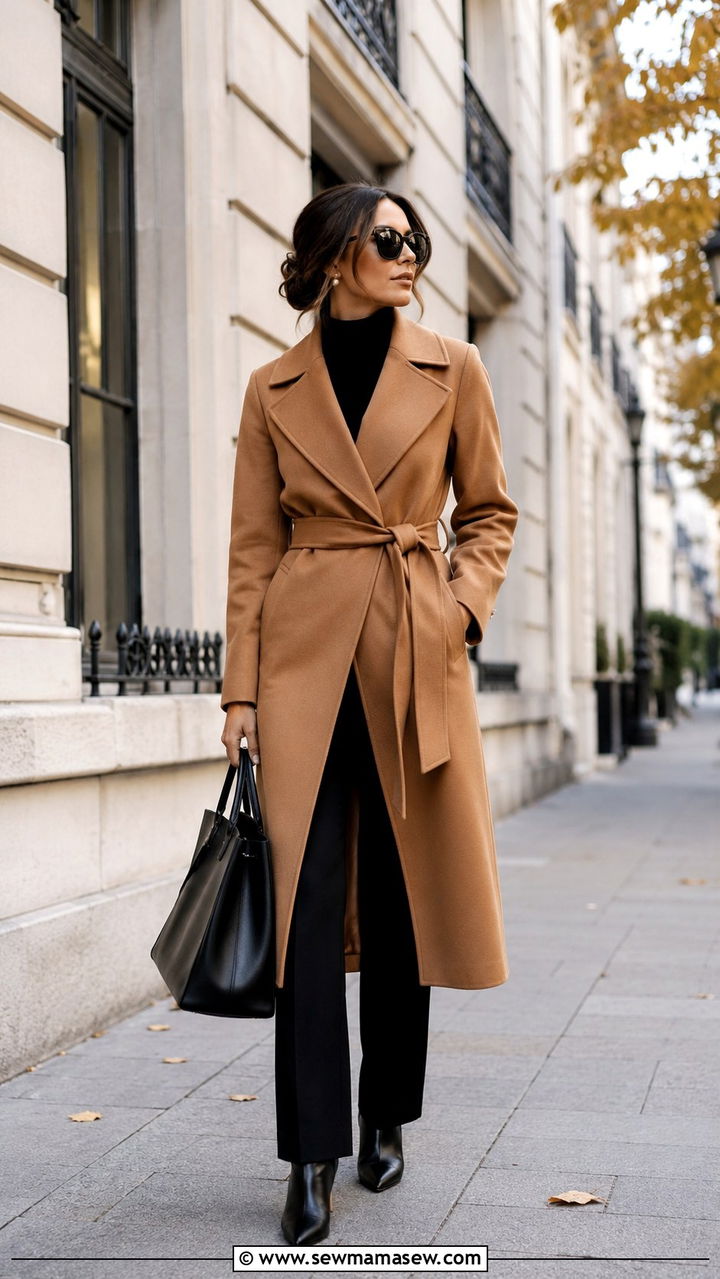 Caramel Belted Coat with Black Trousers - 30 Caramel outfit ideas