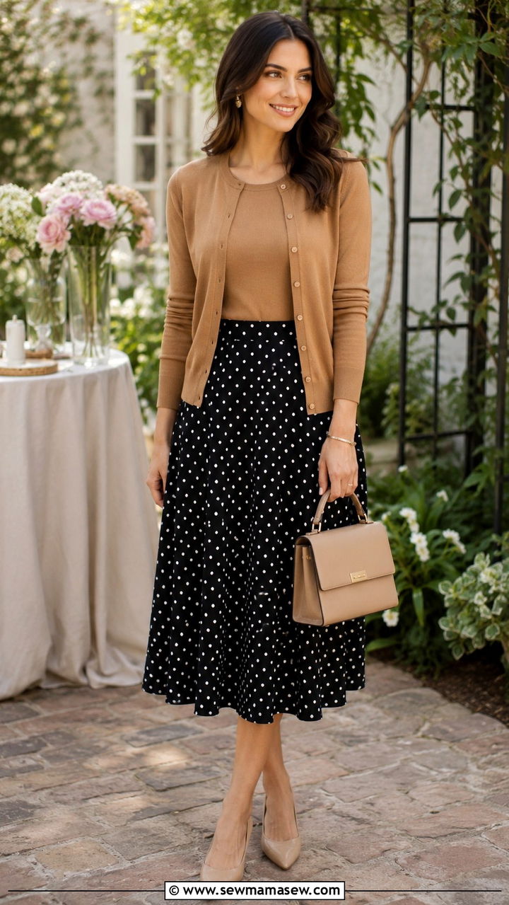 Caramel Cardigan with a Black and White Polka Dot Skirt - 30 Spring outfits with cardigans