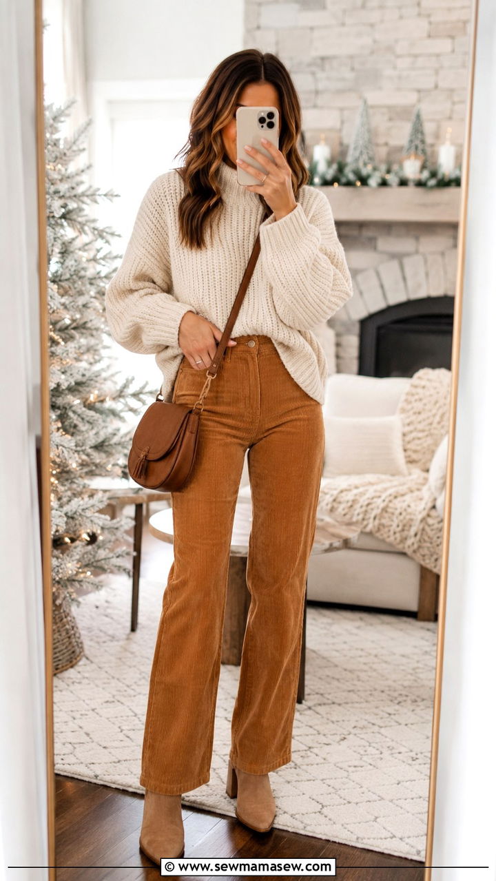 Caramel Corduroy Pants with Chunky Knit Sweater - 30 Caramel outfit ideas