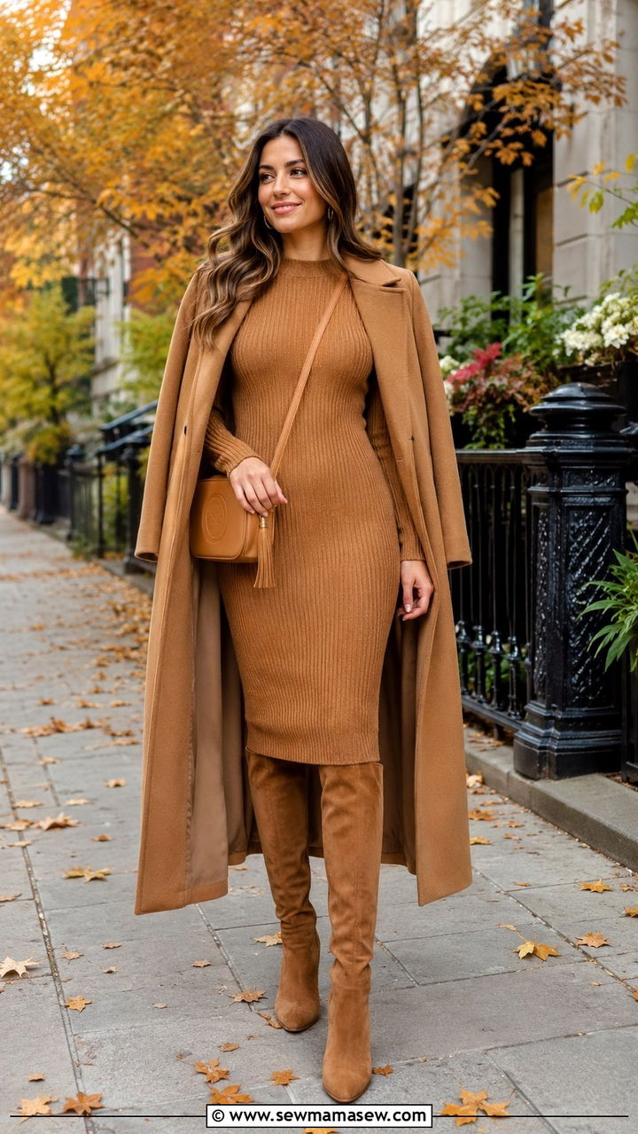 Caramel Knit Dress with Knee High Boots - 30 Caramel outfit ideas