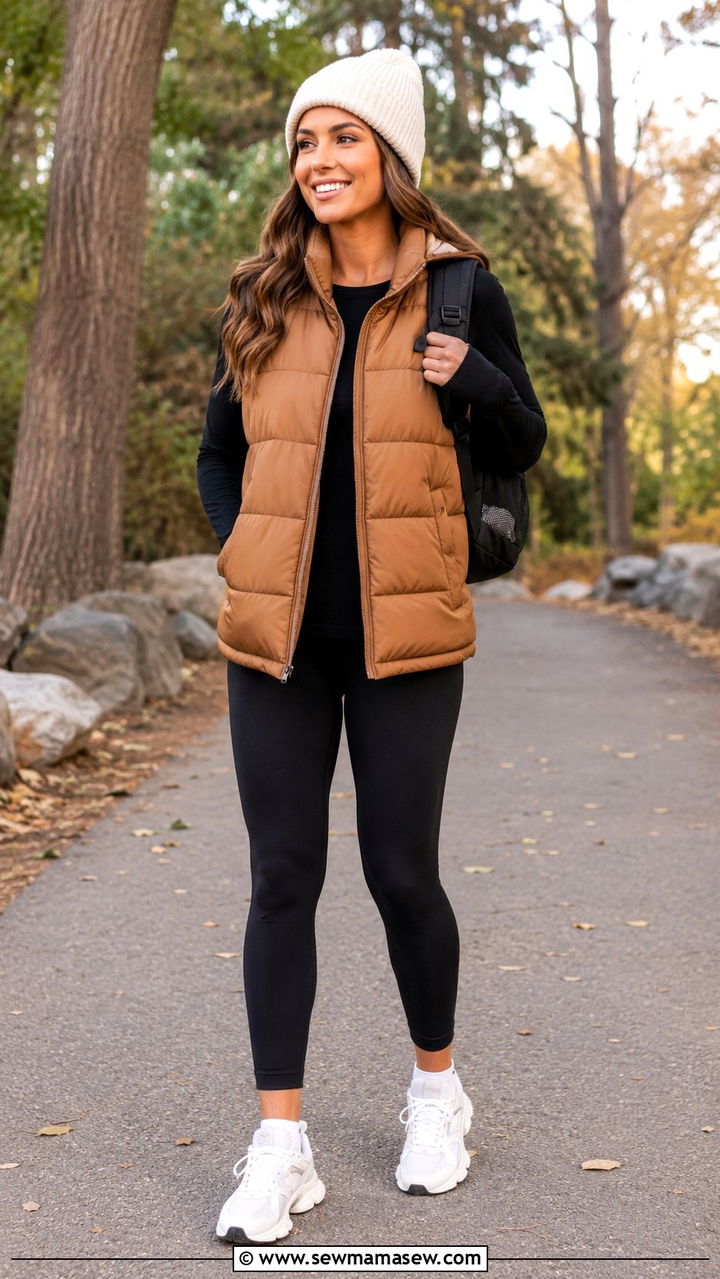 Caramel Puffer Vest with Long Sleeve Tee and Leggings - 30 Caramel outfit ideas