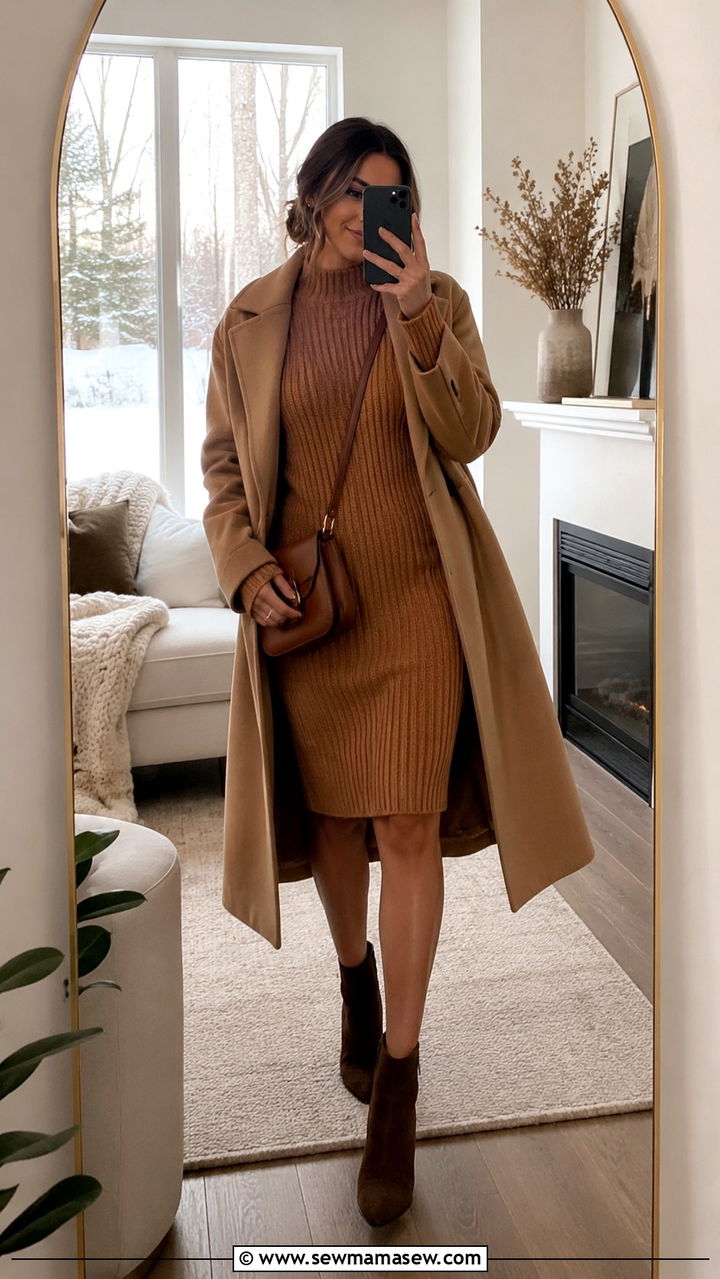 Caramel Ribbed Sweater Dress with Ankle Boots - 30 Caramel outfit ideas
