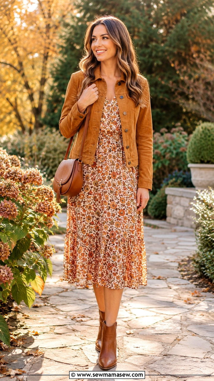 Caramel Suede Jacket with Floral Midi Dress - 30 Caramel outfit ideas
