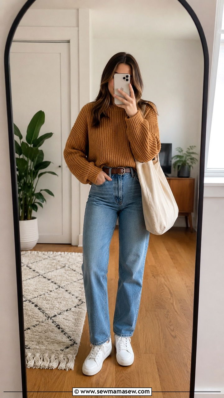 Caramel Sweater with High Waist Straight Leg Jeans - 30 Caramel outfit ideas