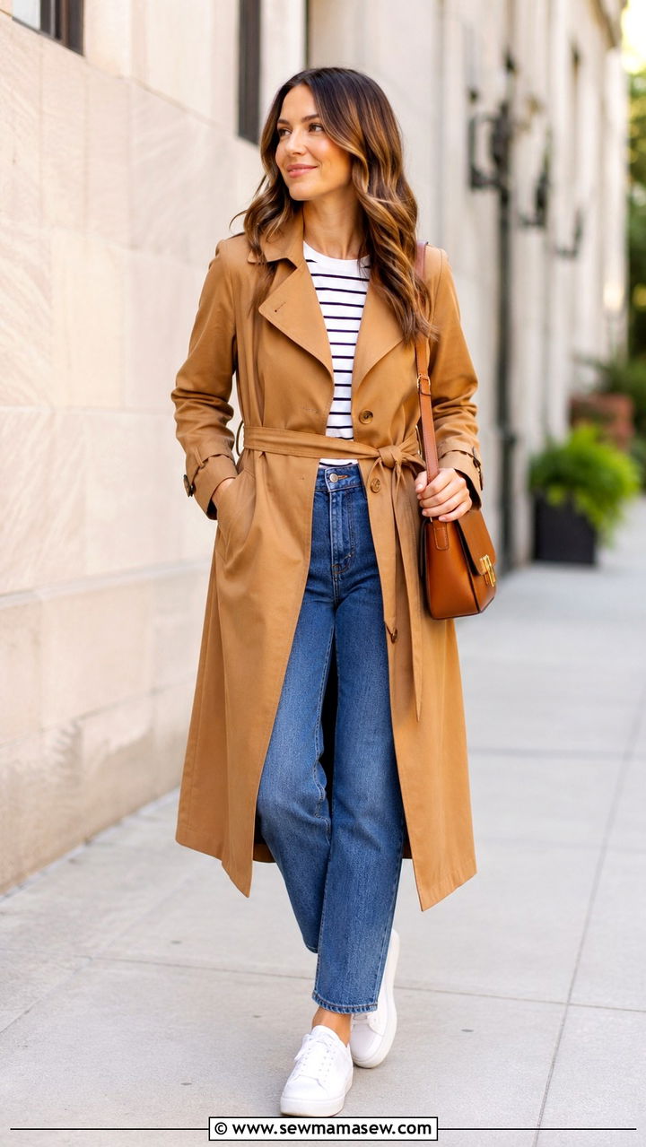 Caramel Trench Coat with Blue Straight Leg Jeans - 30 Caramel outfit ideas