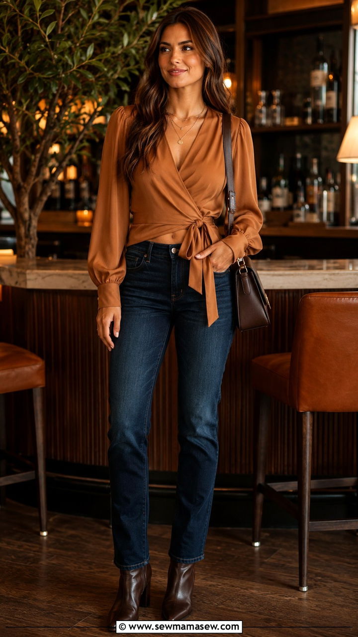 Caramel Wrap Blouse with Dark Wash Skinny Jeans - 30 Caramel outfit ideas