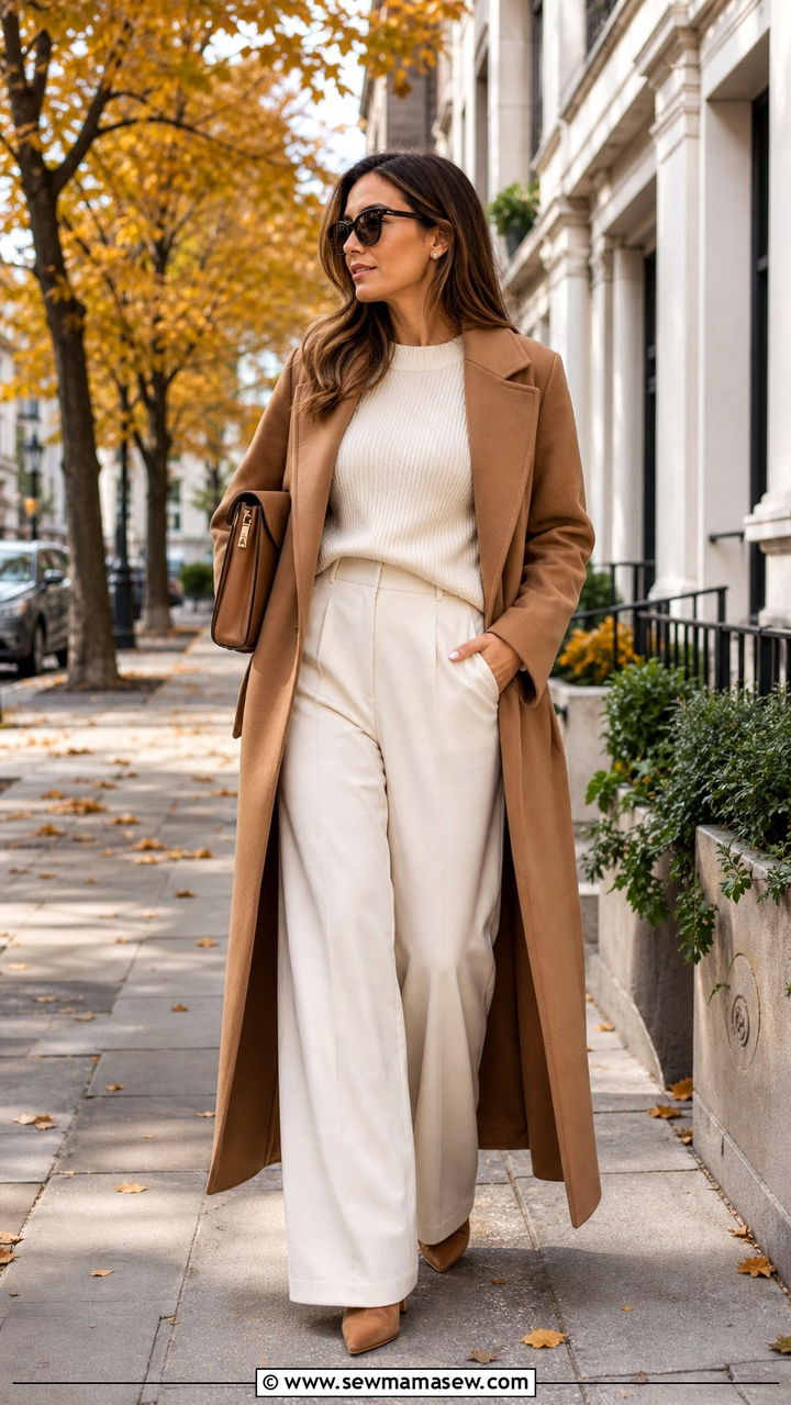 Caramel coat over cream tailoring outfit - 40 office outfits 2026