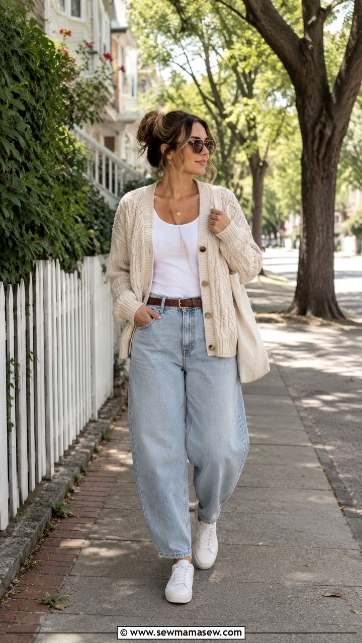 Cardigan And Barrel Jeans With White Sneakers - 25 Barrel jeans outfit ideas with white sneakers