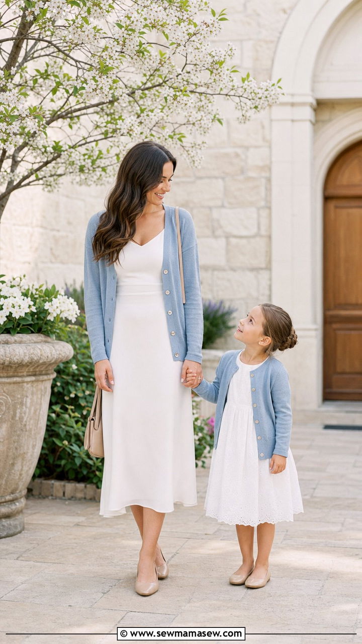 Cardigan And Dress Layering Pair - 25 Spring mother daughter outfits