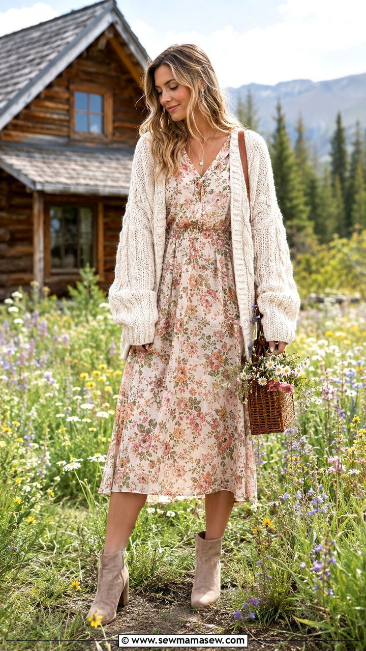Cardigan And Floral Midi Dress Look - 30 Spring cabin outfits