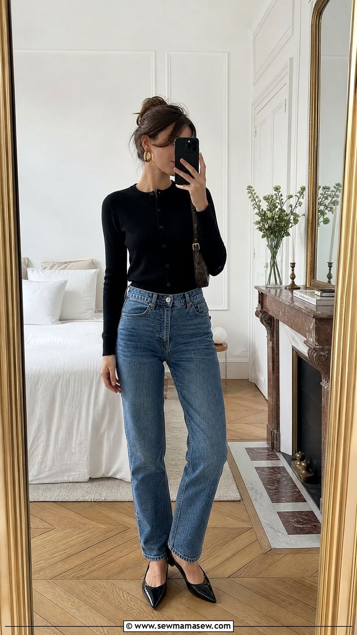 Cardigan And High Waisted Jeans With Gold Hoops - 25 French girl outfit ideas with gold hoops