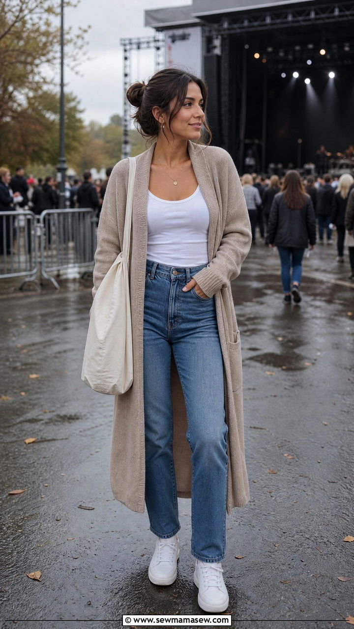 Cardigan And Jeans - 30 modest concert outfit ideas