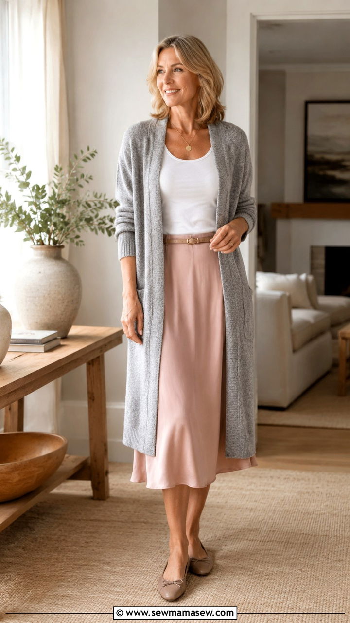 Cardigan And Midi Skirt - 30 Minimalist outfit ideas for women over 50