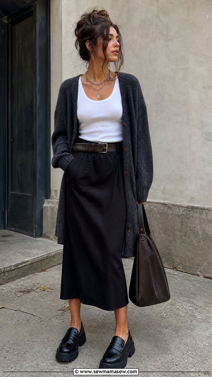 Cardigan And Midi Skirt Grunge Look - 25 Grunge outfit ideas 2026