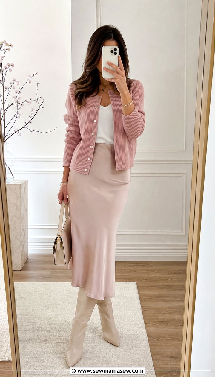 Cardigan And Midi Skirt With Knee High Boots - 25 Spring outfits with knee high boots