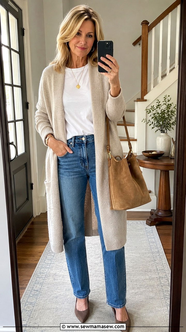 Cardigan And Straight Leg Jeans Mom Outfit - 30 Outfit ideas for women over 50 school drop off